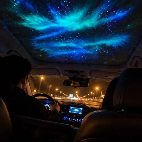 Dak van een geparkeerde auto verlicht door een geprojecteerd noorderlicht
