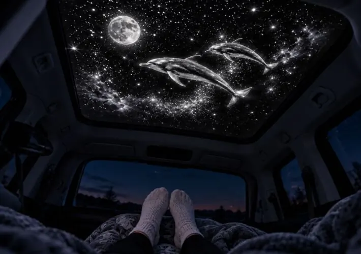 Interieur van een ingerichte camperbus bij nacht met sterren op het plafond