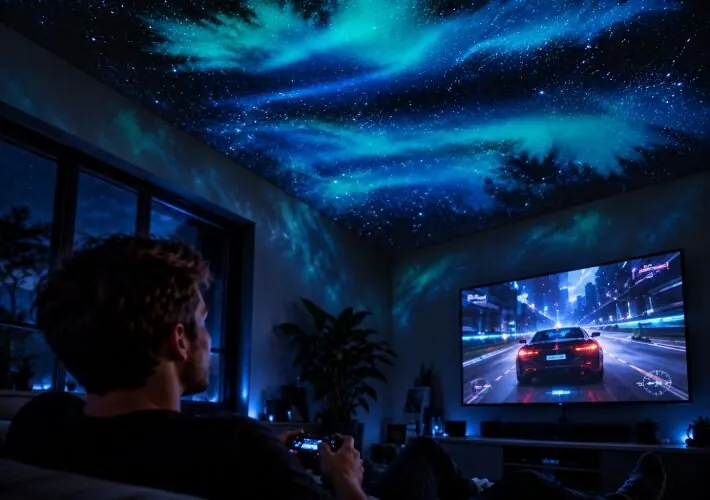 Stel op de bank tijdens een film, met het plafond van de woonkamer vol blauwe sterren