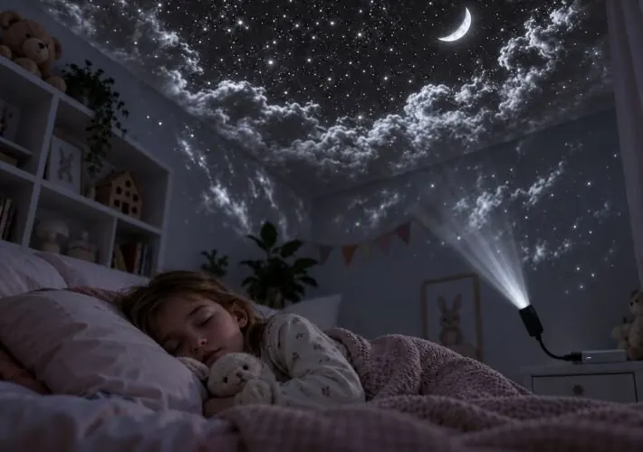 Kind in bed dat naar een geprojecteerde sterrenhemel op het plafond van de kinderkamer kijkt