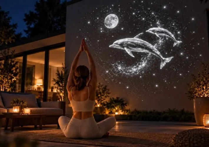 Vrouw in kleermakerszit op een yogamat in een woonkamer verlicht door geprojecteerde sterren
