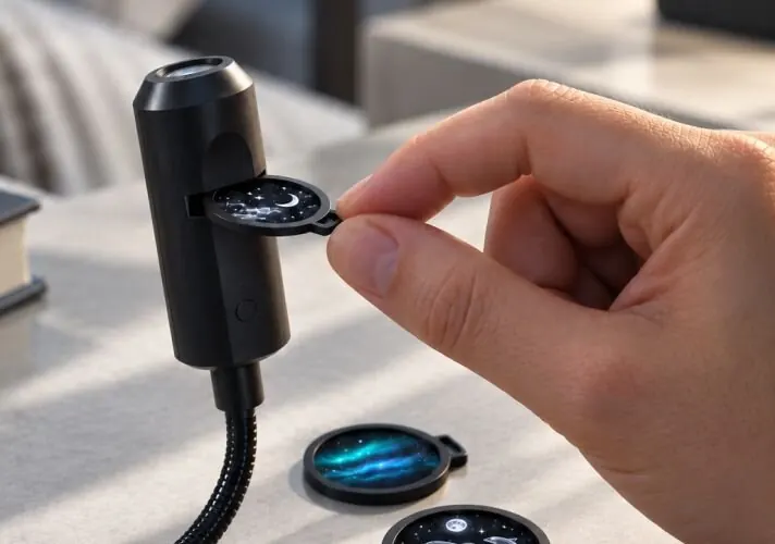 Hand die een glazen schijf in de gleuf van de ZoomySky mini projector schuift