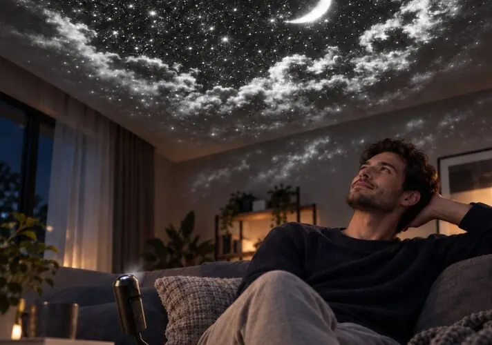 Plafond vol sterren en een blauwe nevel, geprojecteerd door ZoomySky in een donkere kamer