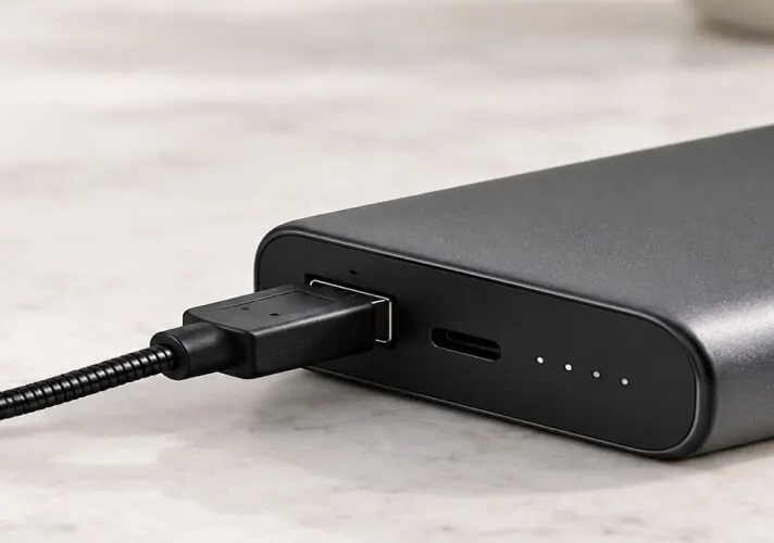 USB-kabel van ZoomySky aangesloten op een powerbank op een nachtkastje