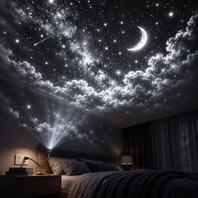 Schemerige slaapkamer met wolken en een maan die ZoomySky op het plafond projecteert