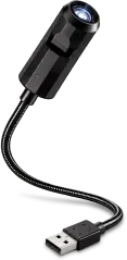 Productfoto van de zwarte ZoomySky projector op een witte achtergrond, met zichtbare flexibele hals en USB-kabel